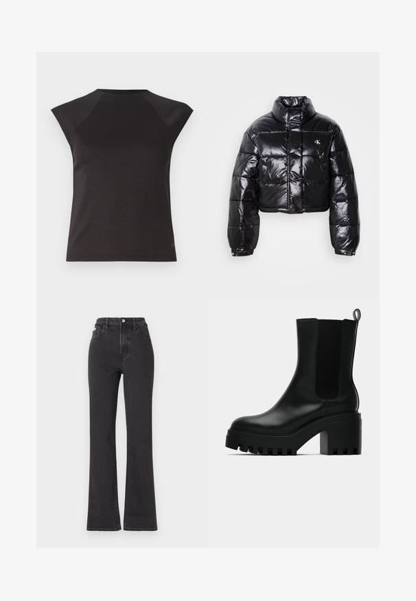Lühendatud must puffer-jakk läikiva viimistlusega, kõrge krae, eeslukuga ja logodetailiga. Omab üleöö suuruseid varrukaid ja tikitud sektsioone.; Must mustrõngaga must lühikeste varrukatega topp, millel on nurga all õmblused õlgade juures. Valmistatud siledast kangast, sobib keha järgi ja ei sisalda silmatorkavaid mustreid.; Mustad kõrge vöökohaga laienevad teksapüksid, mis on valmistatud denimist, varustatud nööbiga kinnitamise, vöörihmade ja küljetaskutega. Sile tekstuur minimaalse pleekimisega.; Mustad must jalatsid mustast nahast, ümmarguse varbaga, tükilisest platvormist ja võrgupoolsest aksendist. Omab tõmbeauku mugavaks jalga panemiseks.