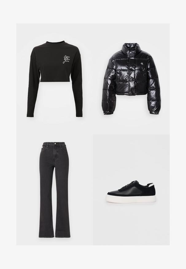 Kuttet svart dunjakke med glatt finish, høy krage, frontlås og logo-detalj. Den har overdimensjonerte ermer og quiltede seksjoner.; Svart langermet crop topp laget av myk bomull, med høy krage og en hvit logo på venstre brystområde.; Svarte høyt midje, utsvingte jeans laget av denim, med knappelukking, beltehemper og sidelommer. Glatt tekstur med minimal falming.; Svart sneakers med glatt skinn og semsket skinnpaneler, flate snørebånd, rund tå og hvit gummisåle. Distinkt logo på hælen.