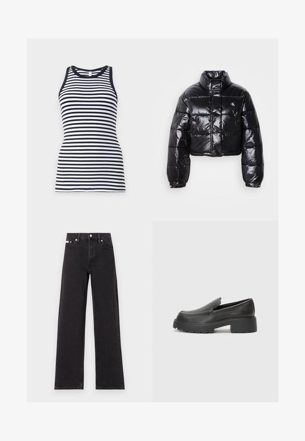 Zkrátená čierna prešívaná bunda s lesklým povrchom, vysokým golierom, predným zipsom a detailom loga. Obsahuje nadrozšírené rukávy a prešívané časti.; Námornícky modrý a biely prúžkovaný bezrukávový top s okrúhlym výstrihom a rebrovanou textúrou, s priliehavým strihom.; Čierne široké džínsy vyrobené z denimu, s vysokým pásom, piatimi vreckami a kovovým zapínaním s kontrastným šitím.; Čierne kožené mokasíny s okrúhlou špičkou, hrubou textúrovanou podrážkou a minimom stehovej výzdoby. Štíhly dizajn bez viditeľných šnúr alebo kovania.