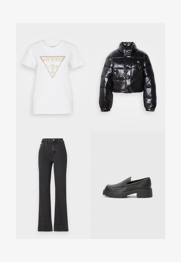 Gekürzte schwarze Steppjacke mit glänzender Oberfläche, hohem Kragen, Frontreißverschluss und Logodetail. Verfügt über übergroße Ärmel und gesteppte Abschnitte.; Guess TRIANGLE - T-Shirt print - pure white; Schwarze, hochgeschnittene Schlagjeans aus Denim mit Knopfverschluss, Gürtelschlaufen und seitlichen Taschen. Glatte Textur mit minimaler Ausbleichung.; Schwarze Lederloafer mit einer abgerundeten Spitze, dicker strukturierten Laufsohle und minimalen Nähten. Schlankes Design ohne sichtbare Schnürsenkel oder Beschläge.