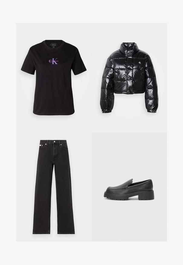 Zkrácená černá péřová bunda s lesklým povrchem, vysokým límcem, předním zipem a logem. Má široké rukávy a prošívané části.; Černé bavlněné tričko s kulatým výstřihem. Na přední straně se nachází logo v purpurové a červené barvě. Krátké rukávy a volný střih.; Černé široké jeansy vyrobené z denimu, s vysokým pasem, pěti kapsami a kovovým zapínáním s kontrastním prošíváním.; Černé kožené mokasíny s okrouhlou špičkou, silnou strukturovanou podrážkou a minimálními detaily šití. Elegantní design bez viditelných tkaniček nebo kovových prvků.