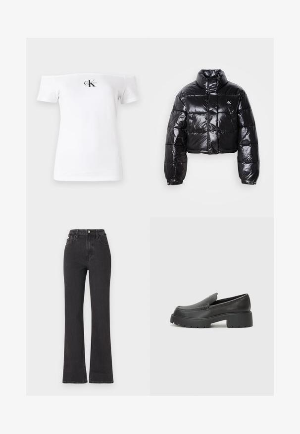 Fekete, fényes felületű, vágott pufi dzseki, magas gallérral, elülső cipzárral és logó részlettel. Tágas ujjakkal és steppelt részekkel rendelkezik.; Fehér, egy vállat szabó póló, rövid ujjakkal, pamut anyagból készült, a frontra fekete "CK" logó és felirat van nyomtatva. Simább textúra.; Fekete, magas derekú, trapéz fazonú farmernadrág, gombos záródással, övrésszel és oldalsó zsebekkel. Sima textúrájú, minimális kopással.; Fekete bőr loafer cipők kerek orral, vastag, texturált talppal és minimális varrási részletekkel. Áramvonalas dizájn, látható fűzők vagy fém részek nélkül.