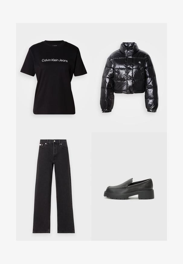 Casaco puffer preto cropped com acabamento brilhante, gola alta, fecho éclair à frente e detalhe de logótipos. Apresenta mangas oversized e secções acolchoadas.; T-shirt de algodão preta com mangas curtas, gola redonda e logótipo em branco "Calvin Klein Jeans" centrado no peito. Textura suave.; Jeans de perna larga pretos feitos de denim, apresentando uma cintura alta, estilo de cinco bolsos e um fecho em botão de metal com costura contrastante.; Mocassins de couro preto com bico arredondado, sola espessa e texturizada, e detalhes de costura minimalistas. Design elegante sem atacadores ou ferragens visíveis.