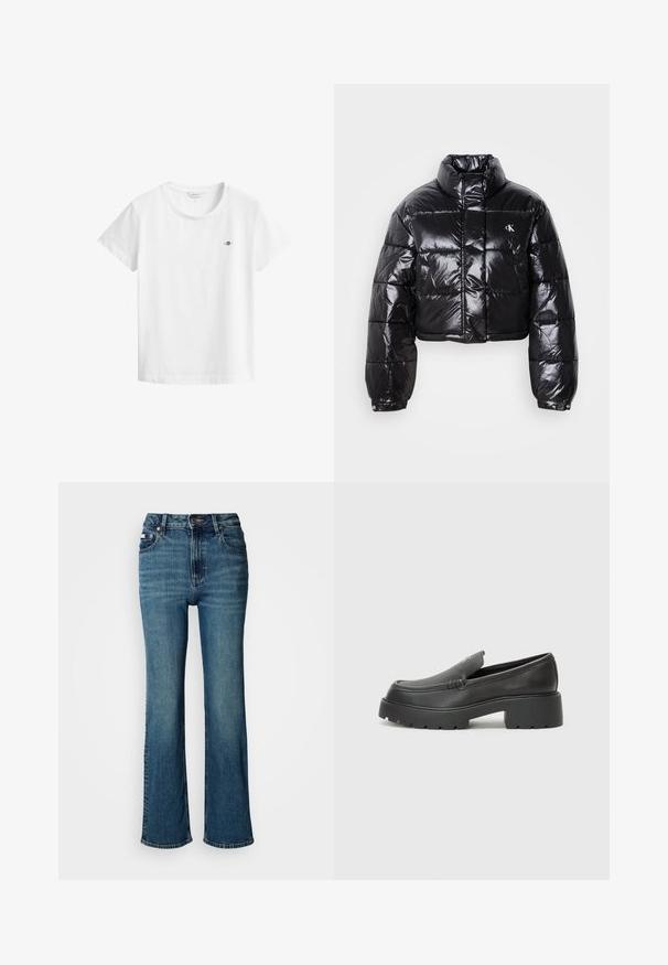 Cropped black puffer jacket with glossy finish, high collar, front zipper, and logo detail. Features oversized sleeves and quilted sections.; White cotton t-shirt with a round neckline and short sleeves. Features a small embroidered logo on the left chest. Smooth texture.; High-waisted blue jeans made of denim, featuring a straight leg design, subtle fading, and a standard button and zipper closure.; Black leather loafers with a rounded toe, thick textured sole, and minimal stitching details. Sleek design with no visible laces or hardware.