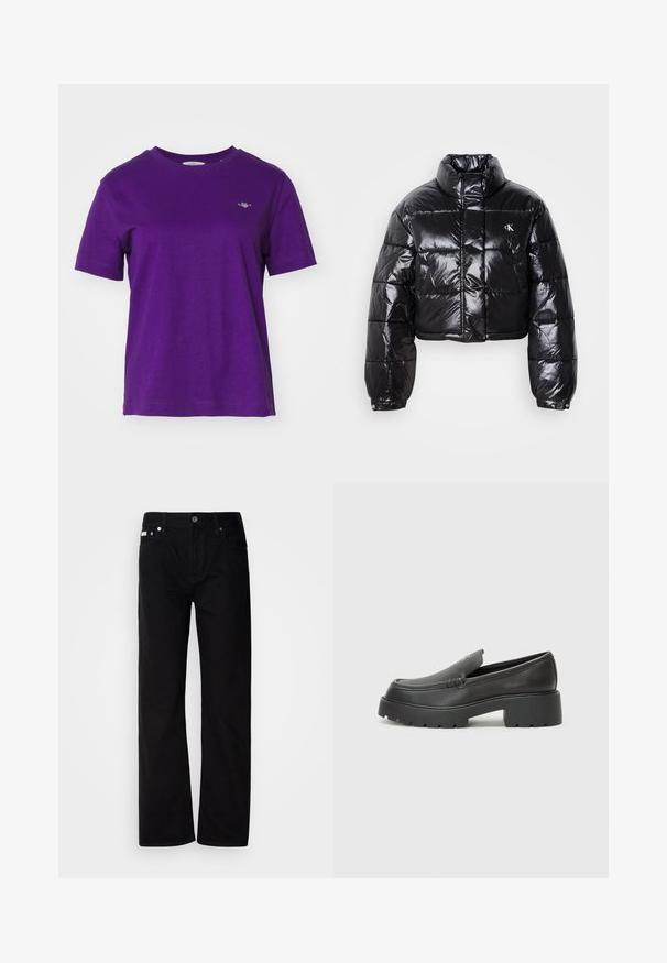 Casaco puffer preto cropped com acabamento brilhante, gola alta, fecho éclair à frente e detalhe de logótipos. Apresenta mangas oversized e secções acolchoadas.; GANT SHIELD - T-shirt básica - pansy purple; Calças de ganga pretas de perna reta com cinco bolsos, rebites prateados e fecho de botão. O tecido tem um acabamento suave e ligeiramente texturizado.; Mocassins de couro preto com bico arredondado, sola espessa e texturizada, e detalhes de costura minimalistas. Design elegante sem atacadores ou ferragens visíveis.