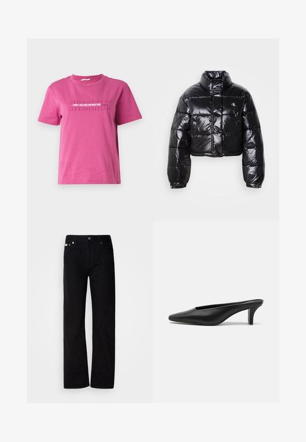 Lühendatud must puffer-jakk läikiva viimistlusega, kõrge krae, eeslukuga ja logodetailiga. Omab üleöö suuruseid varrukaid ja tikitud sektsioone.; Roosa puuvillane t-särk lühikeste varrukatega, millel on tõstetud tekst "SÜÜTA TULE TEESES" ja korduv "TEADLIKUS" muster.; Mustad teksased sirge jala ja viie taskuga, hõbedaste neetide ja nupu sulgemisega. Kanga pind on sile, kerge tekstuuriga.; Mustadast mustad nahast teravatipulised mules madala stilletokontsaga. Sile tekstuur, minimalistlik disain ja avatud selg mugavaks selga panemiseks.