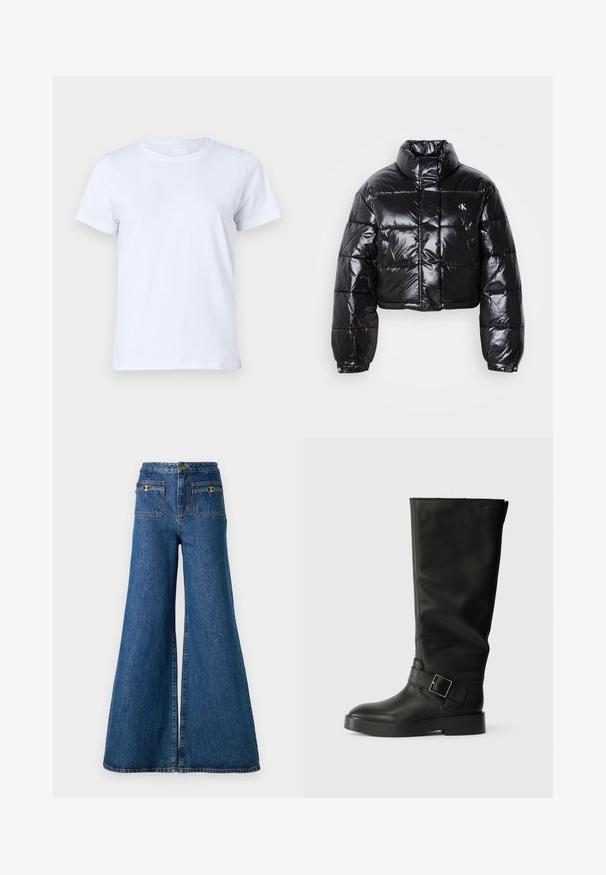 Lühendatud must puffer-jakk läikiva viimistlusega, kõrge krae, eeslukuga ja logodetailiga. Omab üleöö suuruseid varrukaid ja tikitud sektsioone.; Valge puuvillane T-särk, lühikeste varrukatega, klassikalise ümmarguse kaeluse disain, puhas tekstuur ilma mustrite või aktsentidETA, standardne lõige, lihtne ja mitmekülgne.; Tumedad jalad denimii, mille kõrgusega, kahe tagataskuga kuldsete detailidega ning tooriku servadega.; Mustad kuni põlvedeni saapad, mis on valmistatud sileda nahast, ümarate varvastega, paksu tallaga ja horisontaalse rihmaga, millel on ristkülikukujuline lukku detail.