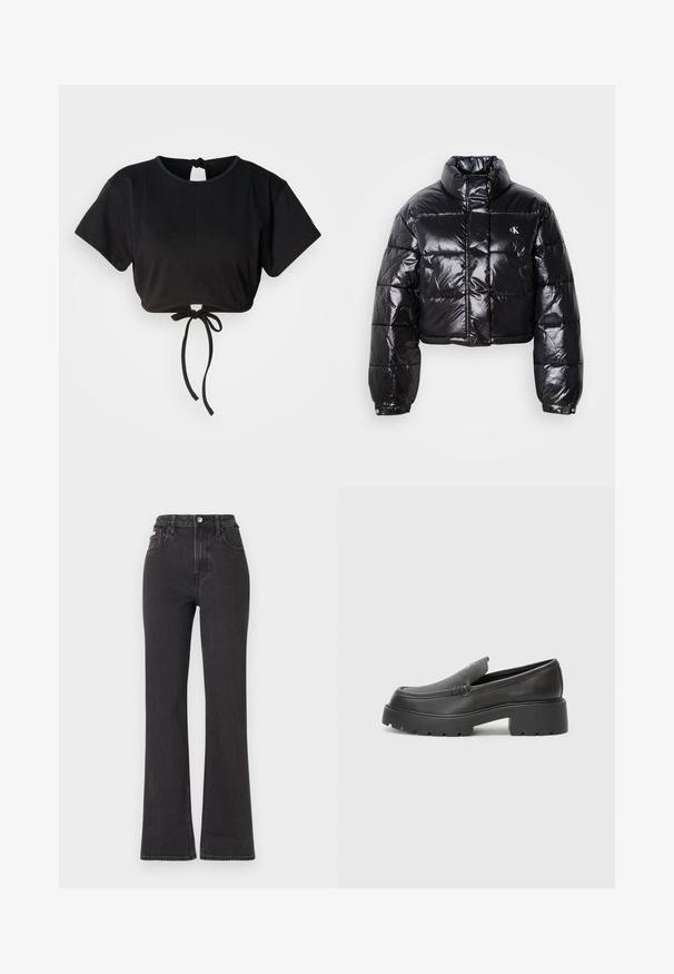 Izgriezta melna pūkainā jaka ar spīdīgu apdari, augstu apkakli, priekšējiem rāvējslēdzējiem un logotipa detaļām. Iezīmējas ar pārspīlētiem piedurknēm un quilted sekcijām.; Melns īss T-krekls, izgatavots no maigas auduma, ar īsām piedurknēm, apaļu kakla izgriezumu un saistīšanas detalizāciju aizmugurē pielāgošanai.; Melnas augstā jostasvietā plati izgrieztas džinsus no denima, ar pogu aizdari, jostas cilpām un sānu kabatām. Gluda tekstūra ar minimālu izbalēšanu.; Melnas ādas mokasīni ar noapaļotu purngalu, biezs teksturēts zoles un minimālas dūriena detaļas. Gluds dizains bez redzamām auklām vai metāla elementiem.