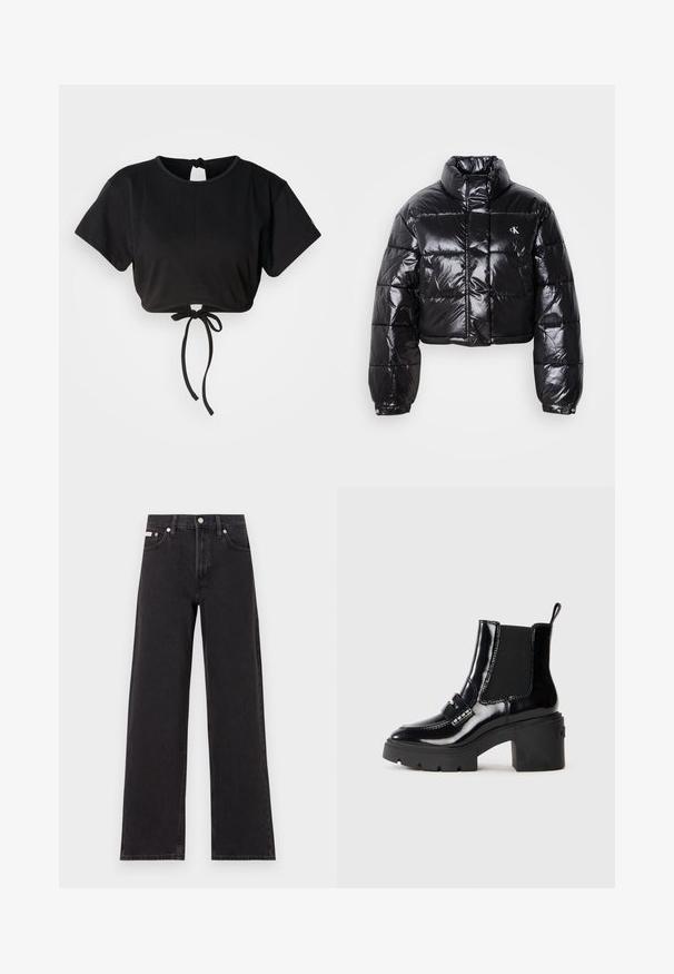 Trumpas juodas pūkinis paltas su blizgiu paviršiumi, aukšta apykakle, priekiniais užtrauktukais ir logotipo detalėmis. Yra plačios rankovės ir siuvinėtos dalys.; Juoda trumpa palaidinė, pagaminta iš minkštos medžiagos, su trumpomis rankovėmis, apvaliu kaklu ir su rišamu detaliu gale, leidžiančiu priderinti dydį.; Juodos plačios kojų džinsai, pagaminti iš džinsinio audinio, su aukštu liemeniu, penkių kišenių stiliumi ir metaline sagte su kontrastingo siuvimo detalėmis.; Juodas patentuotas kulkšninis bicas su masyviu kulnu, elastingais šonų intarpais, dekoratyvia juosta ir kontrastinga siūle. Lygi tekstūra su blizgiu paviršiumi.