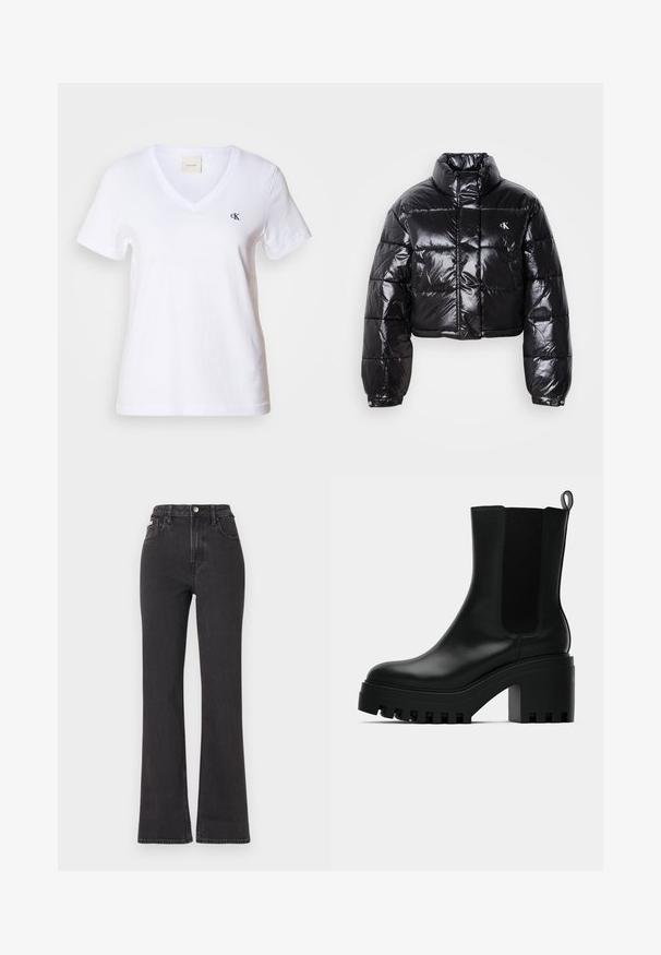 Krótkia czarna kurtka puchowa o błyszczącym wykończeniu, z wysokim kołnierzem, przednim zapięciem na zamek i detalem logo. Posiada obszerne rękawy i pikowane sekcje.; Biała bawełniana koszulka z krótkim rękawem i dekoltem w kształcie litery V, z małym czarnym logo "CK" na lewej piersi. Gładka faktura i klasyczny design.; Czarne jeansy z wysokim stanem i rozszerzanym dołem, wykonane z denimu, z zapięciem na guzik, szlufkami na pasek oraz kieszeniami bocznymi. Gładka faktura z minimalnym przetarciem.; Czarne skórzane botki za kostkę z okrągłym noskiem, solidną platformą i siateczkowymi wstawkami po bokach. Posiadają uchwyt do łatwego zakładania.