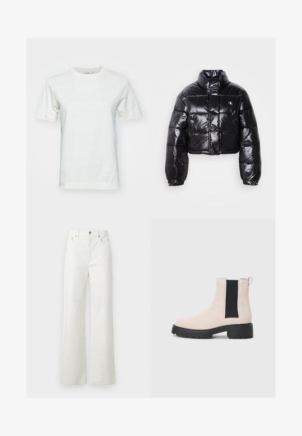 Jachetă puffer neagră scurtă cu finisaj lucios, guler înalt, fermoar frontal și detaliu cu logo. Are mâneci supradimensionate și secțiuni quilted.; Tricou alb din bumbac cu mâneci scurte, guler rotund și un logo texturat "LACOSTE" pe față. Material neted cu o croială obișnuită.; Samsøe Samsøe SHELLY - Blugi loose fit - clear cream; Botine Chelsea din suede bej, cu panou elastic lateral negru, talpă groasă neagră și tab de prindere la gleznă.