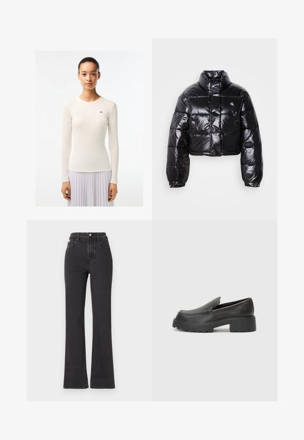Cropped black puffer jacket with glossy finish, high collar, front zipper, and logo detail. Features oversized sleeves and quilted sections.; White long-sleeve top with a ribbed texture and round neckline, featuring a small green logo on the left side. Smooth fabric finish.; Black high-waisted flared jeans made of denim, featuring a button closure, belt loops, and side pockets. Smooth texture with minimal fading.; Black leather loafers with a rounded toe, thick textured sole, and minimal stitching details. Sleek design with no visible laces or hardware.