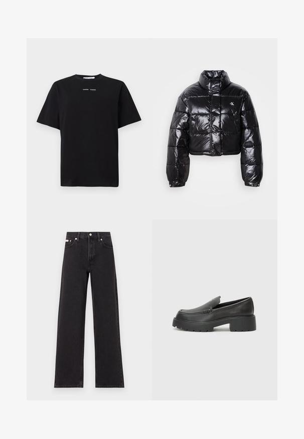Lühendatud must puffer-jakk läikiva viimistlusega, kõrge krae, eeslukuga ja logodetailiga. Omab üleöö suuruseid varrukaid ja tikitud sektsioone.; Must värviline lühikeste varrukatega t-särk, mis on valmistatud puuvillast, ümmarguse kaelusega ja esiküljel kaks väikest valget logo. Sile tekstuur.; Mustad laiad mustad teksad, millel on kõrge vöökoht, viie tasku stiil ja metallist nööpkinnitus kontrastsete õmblustega.; Mustad nahast loafers ümarate varvastega, paksu tekstuuriga tald ja minimaalsete õmbluse detailidega. Viimistletud disain, kus pole nähtavaid paelu ega riistu.