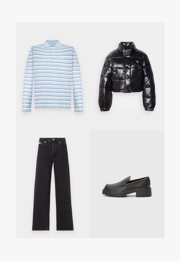 Krótkia czarna kurtka puchowa o błyszczącym wykończeniu, z wysokim kołnierzem, przednim zapięciem na zamek i detalem logo. Posiada obszerne rękawy i pikowane sekcje.; Jasnoniebieska, długosleeva polo z poziomymi szarymi i białymi paskami oraz kołnierzykiem.; Czarne dżinsy o szerokich nogawkach, wykonane z denimu, z wysokim stanem, pięcioma kieszeniami oraz metalowym zapięciem z kontrastowym szwem.; Czarne skórzane mokasyny z zaokrąglonym noskiem, grubą fakturowaną podeszwą oraz minimalnymi detalami szycia. Elegancki design bez widocznych sznurowadeł czy elementów metalowych.