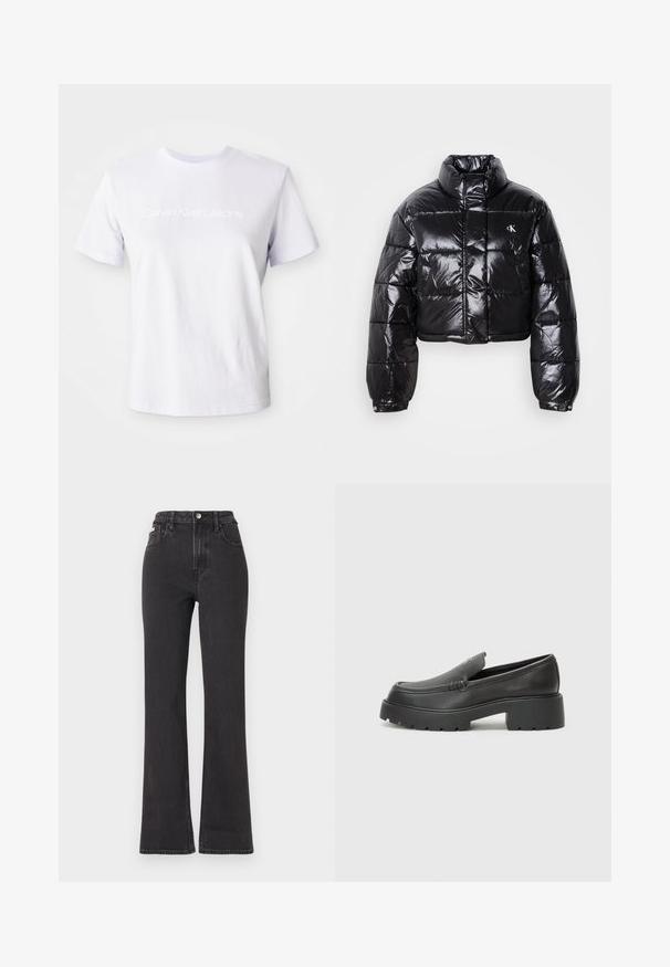 Zkrácená černá péřová bunda s lesklým povrchem, vysokým límcem, předním zipem a logem. Má široké rukávy a prošívané části.; Bílá bavlněná tričko s krátkým rukávem a kulatým výstřihem. Na hrudi je diskrétně vytištěné logo "Calvin Klein Jeans" bílým textem.; Černé vysoké rozšířené džíny z denimu, se zapínáním na knoflík, poutky na opasek a bočními kapsami. Hladká textura s minimálním vyblednutím.; Černé kožené mokasíny s okrouhlou špičkou, silnou strukturovanou podrážkou a minimálními detaily šití. Elegantní design bez viditelných tkaniček nebo kovových prvků.