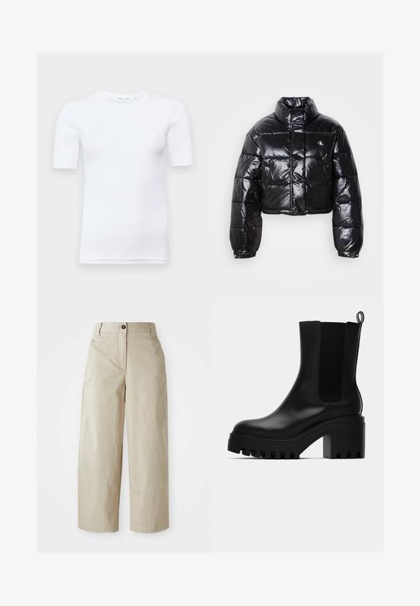 Zkrátená čierna prešívaná bunda s lesklým povrchom, vysokým golierom, predným zipsom a detailom loga. Obsahuje nadrozšírené rukávy a prešívané časti.; Biely krátky rukávový tričko vyrobené z bavlny. Má okrúhly výstrih a hladkú textúru, s minimálnym švom viditeľným na leme.; Béžové nohavice s vysokým pásom a širokými nohavicami, so zapínaním na gombík a zips, pútkami na opasok a bočnými vreckami, vystavené na bielom pozadí.; Čierne kožené členkové topánky s okrúhlou špičkou, robustnou platformou a bočnými akcentmi z jemnej sieťoviny. Obsahujú pútko pre jednoduché obúvanie.