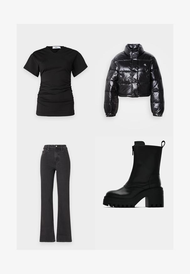 Geknipt zwart pufferjack met glanzende afwerking, hoge kraag, ritssluiting aan de voorkant en logodetail. Beschikt over oversized mouwen en gestikte delen.; DAY Birger et Mikkelsen BRAXTON MODERN - T-shirt basic - black; Zwarte hoge taille flared jeans van denim, met een knoopsluiting, riemlussen en zijzakken. Gladde textuur met minimale vervaging.; Zwarte leren enkelboot met stevige zool, blokhak, rits aan de zijkant en een trekloop achterop op een effen witte achtergrond.