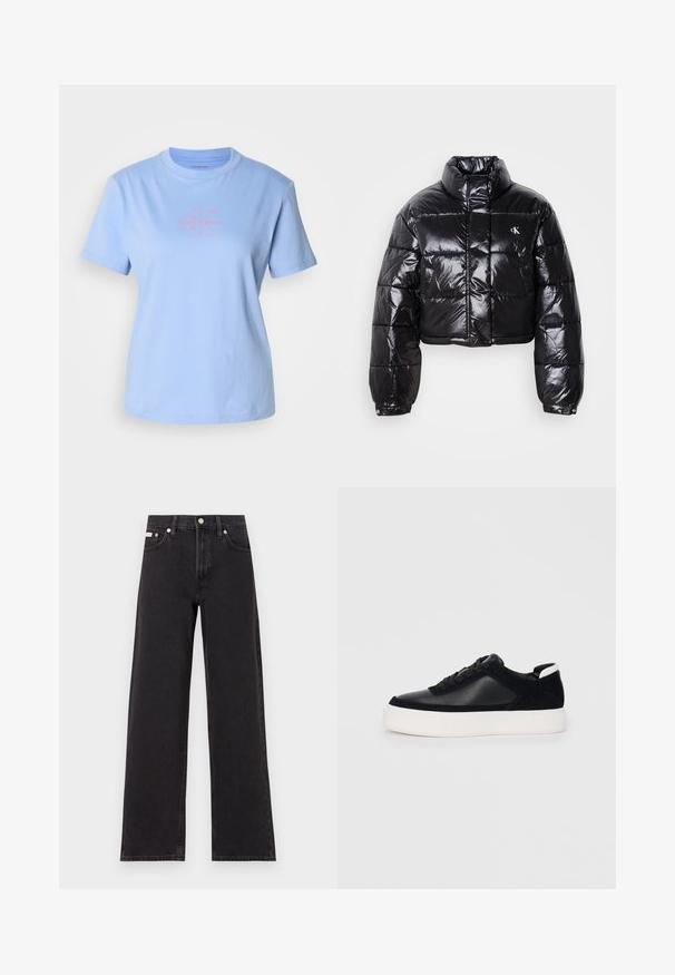 Casaco puffer preto cropped com acabamento brilhante, gola alta, fecho éclair à frente e detalhe de logótipos. Apresenta mangas oversized e secções acolchoadas.; T-shirt de algodão azul-claro com gola redonda, mangas curtas e um design central do logótipo rosa da Calvin Klein. Textura suave e corte clássico.; Jeans de perna larga pretos feitos de denim, apresentando uma cintura alta, estilo de cinco bolsos e um fecho em botão de metal com costura contrastante.; Sapatilha preta com painéis de pele lisa e camurça, atacadores planos, bico arredondado e sola de borracha branca. Logótipo distinto no calcanhar.