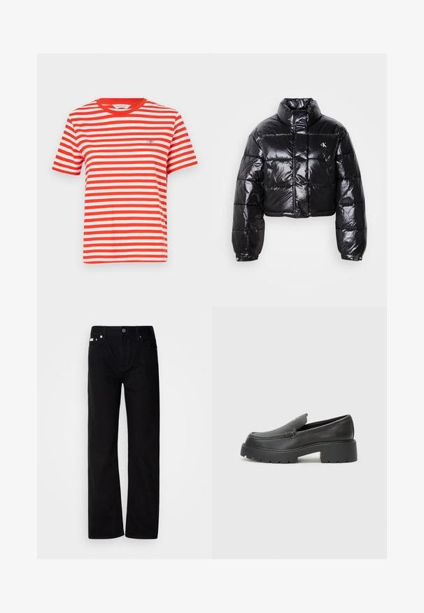 Jachetă puffer neagră scurtă cu finisaj lucios, guler înalt, fermoar frontal și detaliu cu logo. Are mâneci supradimensionate și secțiuni quilted.; Tricou cu dungi roșii și albe, cu mâneci scurte, gât rotund și logo brodat pe pieptul stâng. Material din bumbac, croială casual.; Pantaloni din denim negri, cu croială dreaptă, având cinci buzunare, cu nituri argintii și închidere cu nasture. Materialul are o textură netedă, ușor texturată.; Mocasini din piele neagră, cu vârf rotunjit, talpă groasă texturată și detalii minimale de cusătură. Design elegant, fără șireturi sau accesorii vizibile.