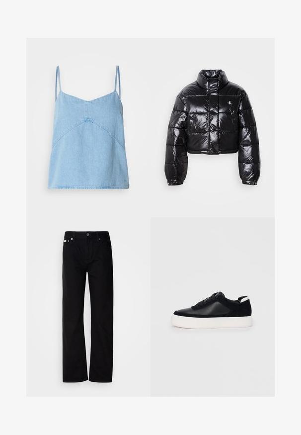 Jachetă puffer neagră scurtă cu finisaj lucios, guler înalt, fermoar frontal și detaliu cu logo. Are mâneci supradimensionate și secțiuni quilted.; Camsol din denim de un albastru deschis, cu bretele subțiri, decolteu în formă de V și detalii geometrice la cusături. Textură moale și croială ușor lejeră.; Pantaloni din denim negri, cu croială dreaptă, având cinci buzunare, cu nituri argintii și închidere cu nasture. Materialul are o textură netedă, ușor texturată.; Sneaker negru cu piele netedă și panouri din întăritură, șireturi plate, vârf rotund și talpă din cauciuc alb. Logo distinct pe călcâi.