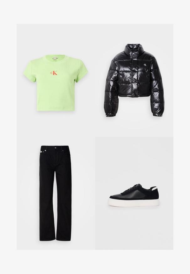 Izgriezta melna pūkainā jaka ar spīdīgu apdari, augstu apkakli, priekšējiem rāvējslēdzējiem un logotipa detaļām. Iezīmējas ar pārspīlētiem piedurknēm un quilted sekcijām.; Gaiši zaļš ribots kokvilnas T-krekls ar apaļu kakla izgriezumu un īsām piedurknēm. Darbā ir centrāls sarkans "CK" logotipa dizains.; Melnas denima taisnas kājas bikses ar pieciem kabatām, sudraba kniedēm un pogu aizdari. Audumam ir gluda, nedaudz teksturēta virsma.; Melnas sporta kurpes ar gludu ādu un zamša paneļiem, plakaniem šņorēm, noapaļotu pirkstu daļu un baltu gumijas zolīti. Izteikts logo uz papēža.