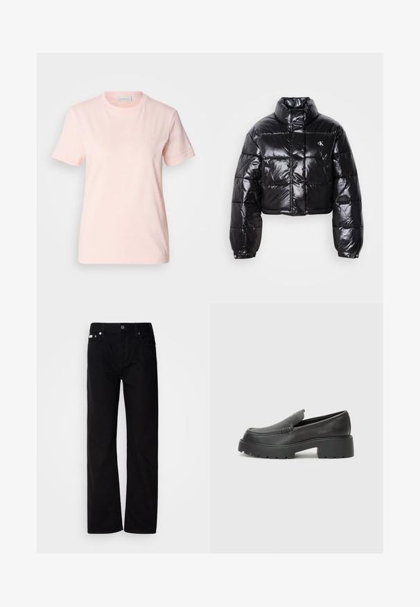 Zkrátená čierna prešívaná bunda s lesklým povrchom, vysokým golierom, predným zipsom a detailom loga. Obsahuje nadrozšírené rukávy a prešívané časti.; Svetloružové bavlnené tričko s okrúhlym výstrihom. Má krátke rukávy a malú vyšívanú značku "ck" na hrudi. Hladká textura.; Čierne rovné džínsy s piatimi vreckami, striebornými nitmi a zapínaním na gombík. Tkanina má hladký, jemne textúrovaný povrch.; Čierne kožené mokasíny s okrúhlou špičkou, hrubou textúrovanou podrážkou a minimom stehovej výzdoby. Štíhly dizajn bez viditeľných šnúr alebo kovania.
