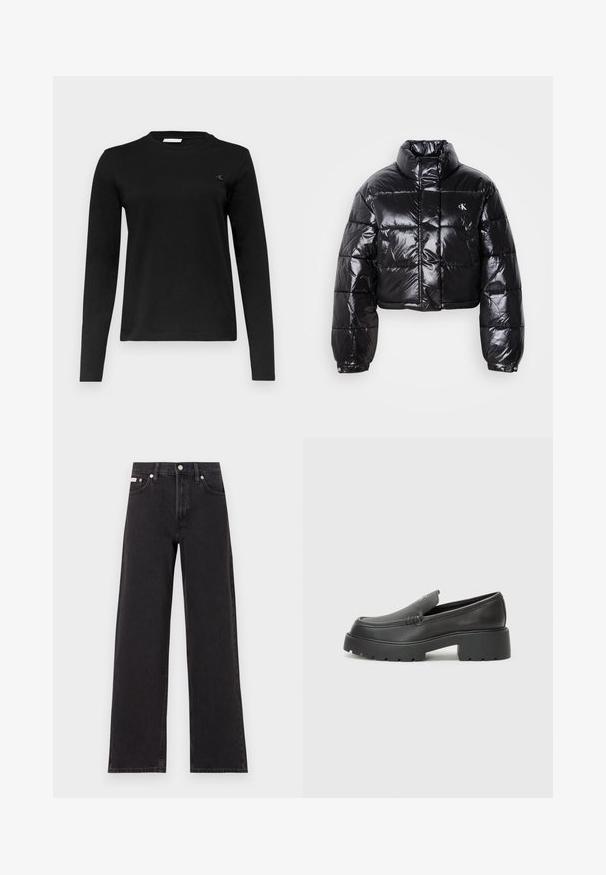 Zkrátená čierna prešívaná bunda s lesklým povrchom, vysokým golierom, predným zipsom a detailom loga. Obsahuje nadrozšírené rukávy a prešívané časti.; Čierne tričko s dlhým rukávom vyrobené z bavlny. Má klasický okrúhly výstrih, minimalistický dizajn a malú nášivku na hrudi.; Čierne široké džínsy vyrobené z denimu, s vysokým pásom, piatimi vreckami a kovovým zapínaním s kontrastným šitím.; Čierne kožené mokasíny s okrúhlou špičkou, hrubou textúrovanou podrážkou a minimom stehovej výzdoby. Štíhly dizajn bez viditeľných šnúr alebo kovania.