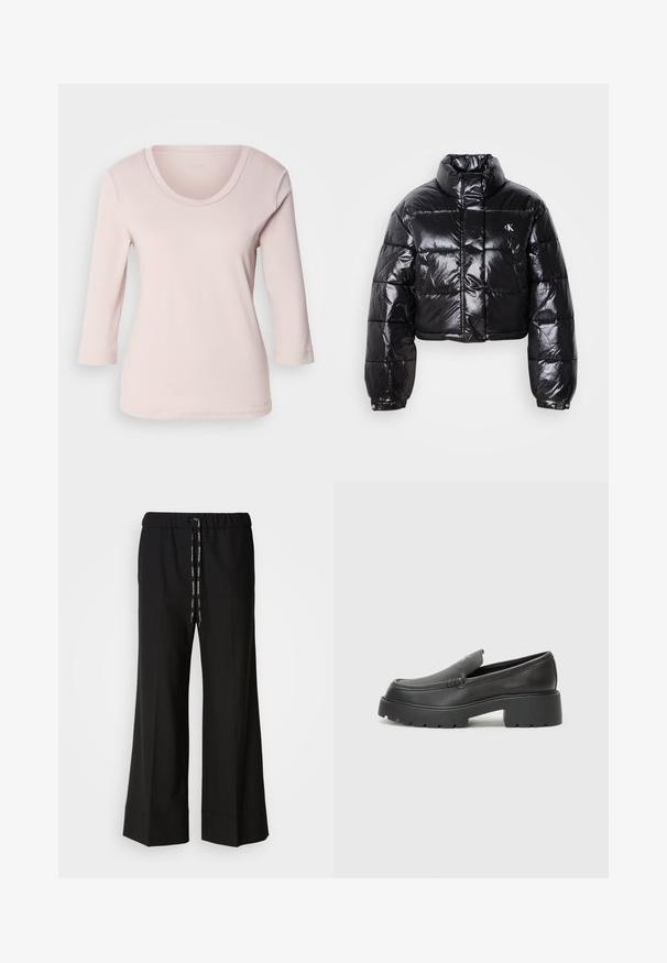 Geknipt zwart pufferjack met glanzende afwerking, hoge kraag, ritssluiting aan de voorkant en logodetail. Beschikt over oversized mouwen en gestikte delen.; Lichtroze, langesleeve shirt met een ronde halslijn. Gemaakt van een zachte stof, met gestikte details langs de halslijn en de mouwranden.; Zwarte, wijde broek met een elastische tailleband en zwarte koord. Gemaakt van een gladde stof zonder zichtbare patronen of hardware.; Zwarte leren instappers met een ronde neus, dikke getextureerde zool en minimale stikseldetails. Strak ontwerp zonder zichtbare veters of hardware.