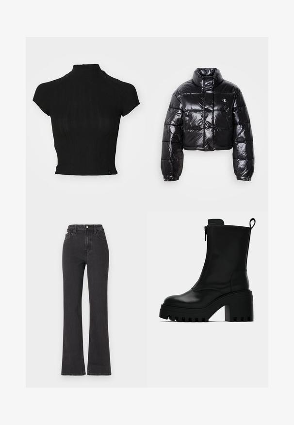 Geknipt zwart pufferjack met glanzende afwerking, hoge kraag, ritssluiting aan de voorkant en logodetail. Beschikt over oversized mouwen en gestikte delen.; Zwarte cropped top van ribgebreide stof, met een hoge hals, korte kapmouwen en een klein merkembleem onderaan links.; Zwarte hoge taille flared jeans van denim, met een knoopsluiting, riemlussen en zijzakken. Gladde textuur met minimale vervaging.; Zwarte leren enkelboot met stevige zool, blokhak, rits aan de zijkant en een trekloop achterop op een effen witte achtergrond.