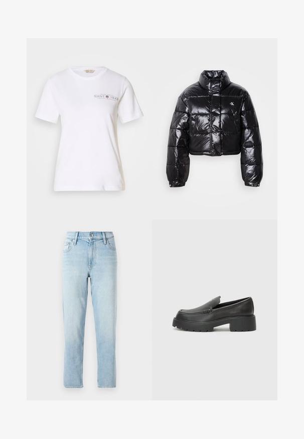 Jachetă puffer neagră scurtă cu finisaj lucios, guler înalt, fermoar frontal și detaliu cu logo. Are mâneci supradimensionate și secțiuni quilted.; Tricou alb din bumbac, cu mâneci scurte și guler rotund, cu un logo și text imprimat de culoare gri închis pe față. Textură netedă.; Blugi din denim de culoare albastru deschis, cu design dreaptă, talie medie, cu cinci buzunare și închidere cu nasture în față.; Mocasini din piele neagră, cu vârf rotunjit, talpă groasă texturată și detalii minimale de cusătură. Design elegant, fără șireturi sau accesorii vizibile.