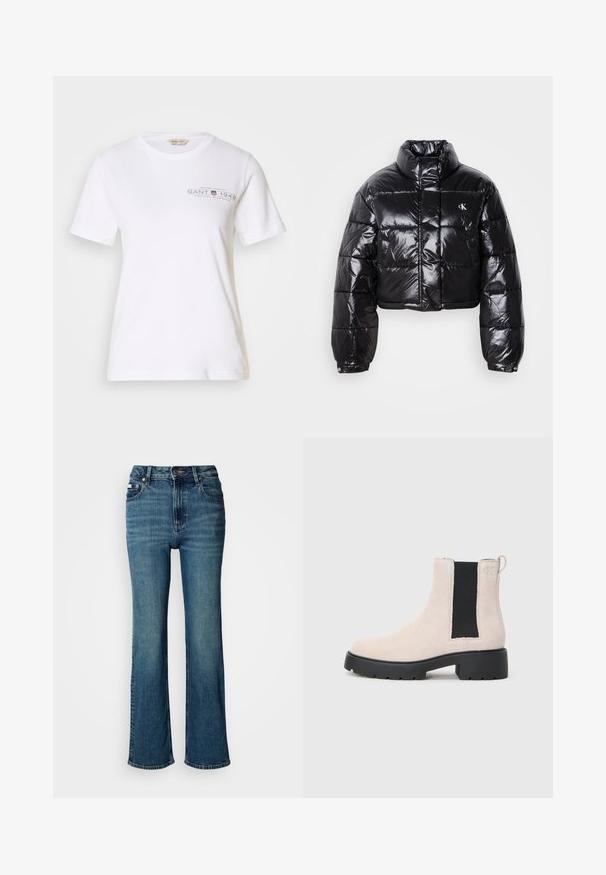 Skrajšana črna pufasta jakna z sijajno površino, visokim ovratnikom, sprednjim zadrgo in detajlom logotipa. Ima prevelike rokave in kviltane dele.; Bela bomba iz bombaža s kratkimi rokavi, okroglo ovratnikom, z temno sivo natisnjeno logo in besedilom spredaj. Gladka tekstura.; Visoko pasne modre jeans hlače iz denima, s straight leg dizajnom, rahlim bledenjem in standardnim gumbom ter zadrgo.; Bež usnjeni Chelsea škorenj s črnim elastičnim stranskim panelom, masivnim črnim podplatom in zanka na gležnju.