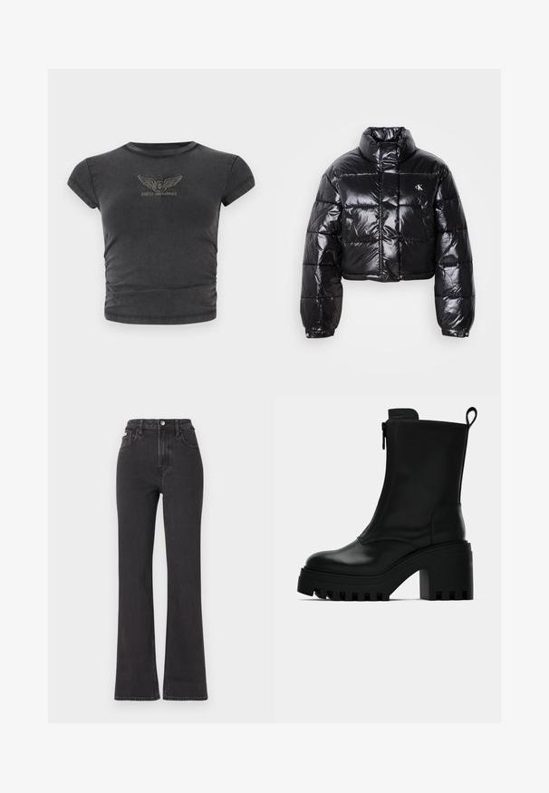 Cropped black puffer jacket with glossy finish, high collar, front zipper, and logo detail. Features oversized sleeves and quilted sections.; Black short-sleeve cropped t-shirt made of soft fabric, featuring an embroidered winged logo with "GUESS ORIGINALS" in an arch.; Black high-waisted flared jeans made of denim, featuring a button closure, belt loops, and side pockets. Smooth texture with minimal fading.; Black leather ankle boot with chunky lug sole, block heel, side zipper, and pull tab at the back on plain white background.