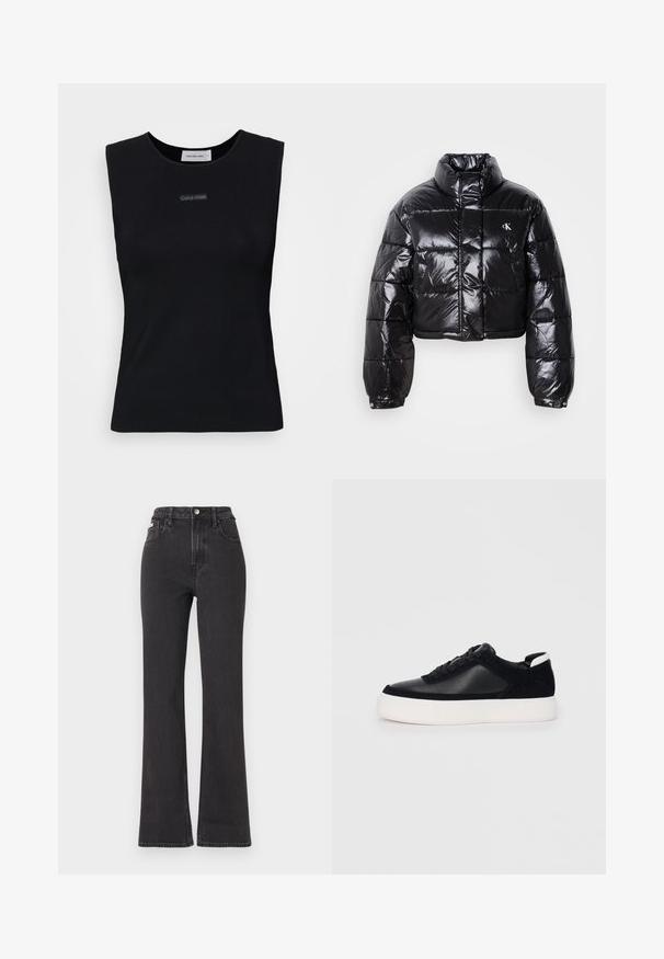 Lühendatud must puffer-jakk läikiva viimistlusega, kõrge krae, eeslukuga ja logodetailiga. Omab üleöö suuruseid varrukaid ja tikitud sektsioone.; Must suletud tipp, mis on valmistatud siledast kangast. Omab ümmargust kaelust ja keskel väikest Calvin Kleini logo. Lihtne ja järgnev disain.; Mustad kõrge vöökohaga laienevad teksapüksid, mis on valmistatud denimist, varustatud nööbiga kinnitamise, vöörihmade ja küljetaskutega. Sile tekstuur minimaalse pleekimisega.; Mustad mustad spordijalanõud siledast nahast ja sametist paneelidega, lame nööriga, ümar varvas ja valge kummist tallaga. Erakordne logo kontsas.