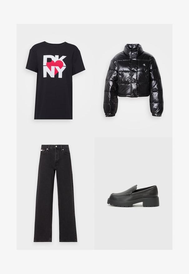 Kuttet svart dunjakke med glatt finish, høy krage, frontlås og logo-detalj. Den har overdimensjonerte ermer og quiltede seksjoner.; Svart bomull T-skjorte med et grafisk motiv i hvitt og rødt som leser "DKNY" med en hjerteform i stedet for bokstaven "O."; Svart bredbente jeans laget av denim, med høy livvidde, fem lommer, og metallknapp med kontrasterende søm.; Sorte skinnloafers med rund tå, tykk teksturert såle og minimale sømdetaljer. Strømlinjeformet design uten synlige snørebånd eller hardvarer.
