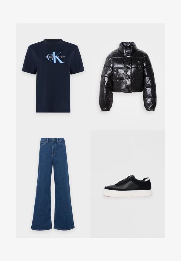 Lühendatud must puffer-jakk läikiva viimistlusega, kõrge krae, eeslukuga ja logodetailiga. Omab üleöö suuruseid varrukaid ja tikitud sektsioone.; Tumedat sinine puuvillane T-särk lühikeste varrukatega, mille esipooles on helesinine ja roosa "Calvin Klein" logo. Lihtne ümar kaelus.; Sinine denimist laienevad teksad kõrge vöökoha ja viie taskuga, nupuvajutusega kinnituse ning kontrastsete õmblustega õmblustel.; Mustad mustad spordijalanõud siledast nahast ja sametist paneelidega, lame nööriga, ümar varvas ja valge kummist tallaga. Erakordne logo kontsas.