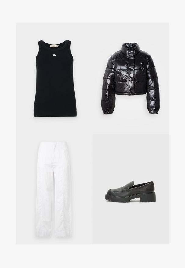 Zkrátená čierna prešívaná bunda s lesklým povrchom, vysokým golierom, predným zipsom a detailom loga. Obsahuje nadrozšírené rukávy a prešívané časti.; Čierny tielko vyrobené z rebrovanej tkaniny, s okrúhlym výstrihom a malým bielym kvetinovým emblemom na prednej strane. Bezramenný dizajn.; Biele široké nohavice z ľahkej látky, s hladkou textúrou, čistými líniami a vysokým pásom.; Čierne kožené mokasíny s okrúhlou špičkou, hrubou textúrovanou podrážkou a minimom stehovej výzdoby. Štíhly dizajn bez viditeľných šnúr alebo kovania.