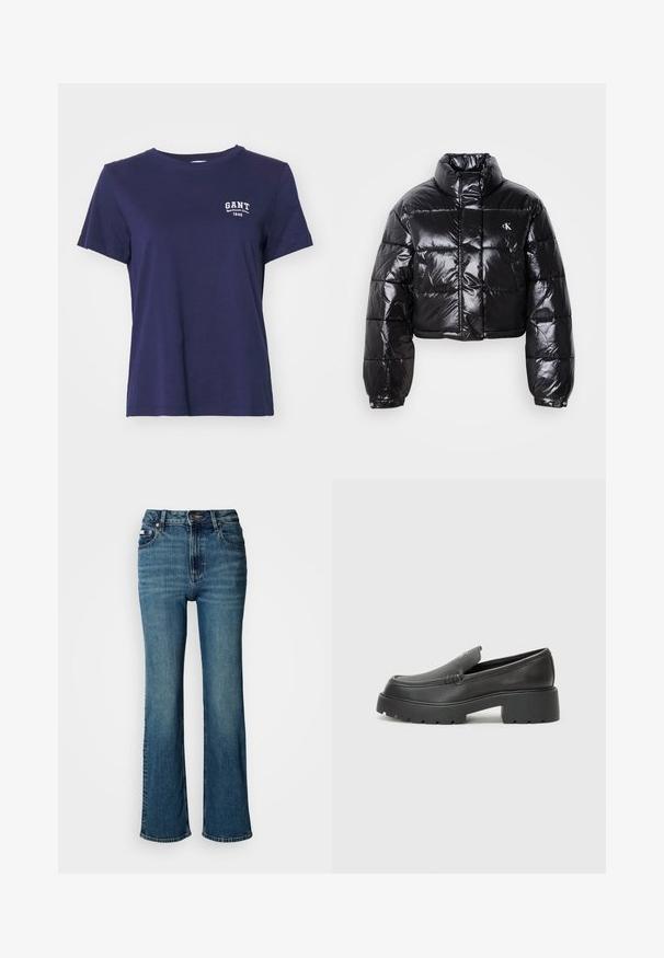 Krótkia czarna kurtka puchowa o błyszczącym wykończeniu, z wysokim kołnierzem, przednim zapięciem na zamek i detalem logo. Posiada obszerne rękawy i pikowane sekcje.; GANT - T-shirt basic; Jeansy w kolorze niebieskim z wysokim stanem, wykonane z denimu, z prostym krojem nogawki, subtelnym efektem blaknięcia oraz standardowym zapięciem na guzik i zamek błyskawiczny.; Czarne skórzane mokasyny z zaokrąglonym noskiem, grubą fakturowaną podeszwą oraz minimalnymi detalami szycia. Elegancki design bez widocznych sznurowadeł czy elementów metalowych.