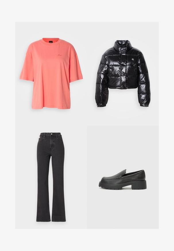 Cropped black puffer jacket with glossy finish, high collar, front zipper, and logo detail. Features oversized sleeves and quilted sections.; Coral oversized t-shirt made of soft cotton, featuring a round neckline and short sleeves, with a subtle embroidered logo on the chest.; Black high-waisted flared jeans made of denim, featuring a button closure, belt loops, and side pockets. Smooth texture with minimal fading.; Black leather loafers with a rounded toe, thick textured sole, and minimal stitching details. Sleek design with no visible laces or hardware.