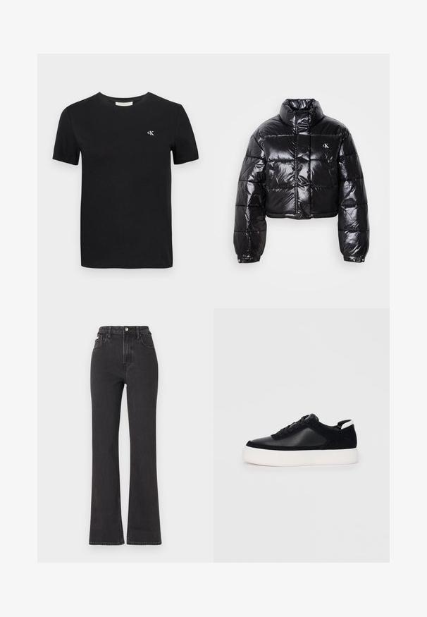 Lühendatud must puffer-jakk läikiva viimistlusega, kõrge krae, eeslukuga ja logodetailiga. Omab üleöö suuruseid varrukaid ja tikitud sektsioone.; Mustern musta t-särk musta puuvillast, klassikalise ümmarguse kaeluse, lühikeste varrukatega ja väikese valge broderitud "ck" logoga rinnal.; Mustad kõrge vöökohaga laienevad teksapüksid, mis on valmistatud denimist, varustatud nööbiga kinnitamise, vöörihmade ja küljetaskutega. Sile tekstuur minimaalse pleekimisega.; Mustad mustad spordijalanõud siledast nahast ja sametist paneelidega, lame nööriga, ümar varvas ja valge kummist tallaga. Erakordne logo kontsas.