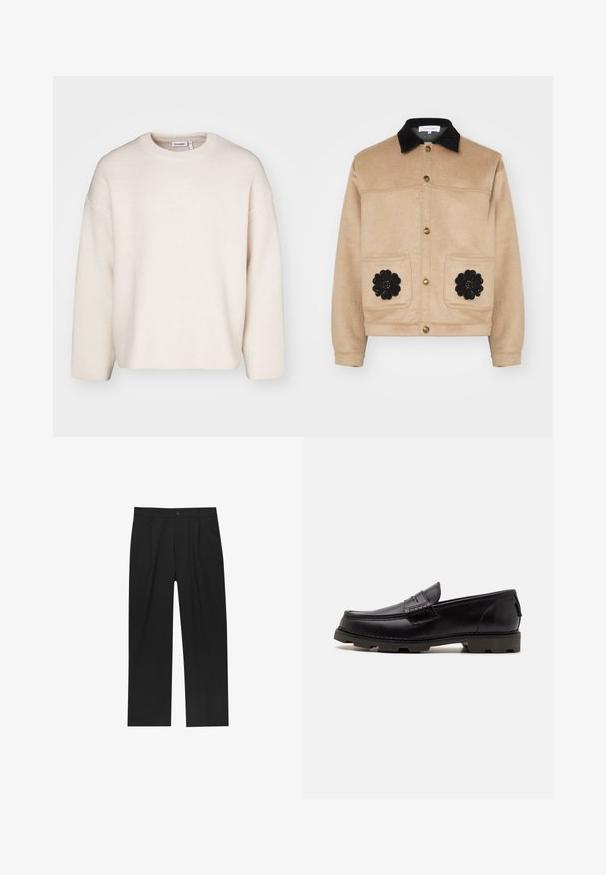 Jachetă scurtă bej, confecționată dintr-un material moale, cu un guler din suede negru, nasturi aurii și două buzunare frontale decorate cu aplicații florale negre.; Pulover tricotat de textură crem cu guler rotund, umeri lăsați și mâneci lungi. Design simplu, fără embellishments.; Pantaloni negri cu un design drept, fabricați dintr-un material neted. Au plisse în față și un sistem de închidere cu un singur buton la talie.; Mocasini din piele neagră, cu vârf rotund, cusături decorative și o talpă texturată pentru aderență. Toc ușor ridicat.