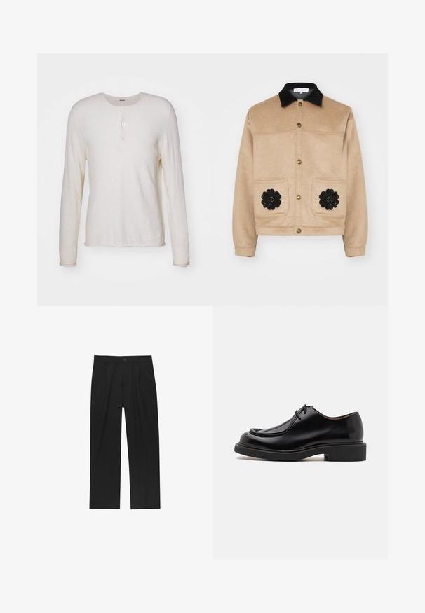 Beige cropped jack gemaakt van zachte stof, met een zwarte suède kraag, gouden drukknopen en twee voorzakken met zwarte bloemenapplicaties.; Lange mouwen, crèmewit henley-shirt van zacht materiaal, met een ronde halslijn, drie knopen aan de voorkant en een rechte zoom.; Zwarte broeken met een recht model, gemaakt van een gladde stof. Voorzien van een voorplooien en een enkele knoopsluiting bij de taille.; Zwarte leren schoen met een ronde neus, gestikte details, minimale veters en een dikke rubberen zool voor grip en duurzaamheid.