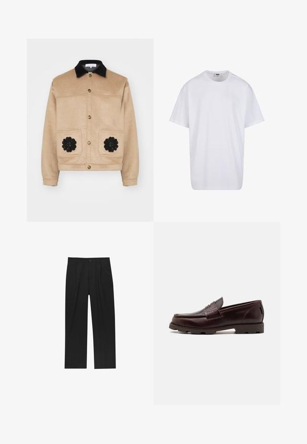 Beige lyhyt takki, joka on valmistettu pehmeästä kankaasta, jossa on musta mokkanahkakaulus, kultaiset napit ja kaksi etutaskua mustilla kukkakuvioilla.; Valkoinen puuvillainen t-paita, jossa on lyhyet hihat, pyöreä kaula-aukko, rento istuvuus ja ei näkyviä logoja tai kuvioita. Sileä pinta ja minimaalinen muotoilu.; Mustat housut suoranlahkeisella muotoilulla, valmistettu sileästä kankaasta. Ominaisuuksiin kuuluu etupleateet ja yksi nappikiinnitys vyötäröllä.; Ruske nahkasaappaat, joissa on mokassinityylinen yläosa, teksturoitu ommelkoristelu ja kestävä pohja, jossa on monisuuntaiset kuvioinnit.