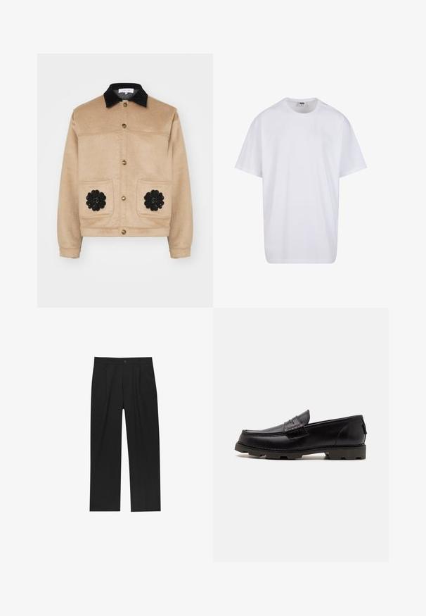 Béžová skrátená bunda vyrobená z jemného materiálu, s čiernym zamšovým golierom, zlatými gombíkmi na patent a dvoma prednými vreckami, ktoré sú ozdobené čiernymi kvetinovými aplikáciami.; Biela bavlnená tričko s krátkymi rukávmi, okrúhlym výstrihom, uvoľneným strihom a žiadnymi viditeľnými logami alebo vzormi. Hladká textúra a minimálny dizajn.; Čierne nohavice s rovnými nohavicami, vyrobené z hladkej tkaniny. Majú predné puky a jediné gombíkové zapínanie v páse.; Čierne kožené mokasíny s okrúhlou špičkou, dekoratívnym prešívaním a textúrovanou podrážkou pre lepšiu priľnavosť. Mierne zvýšený opätok.