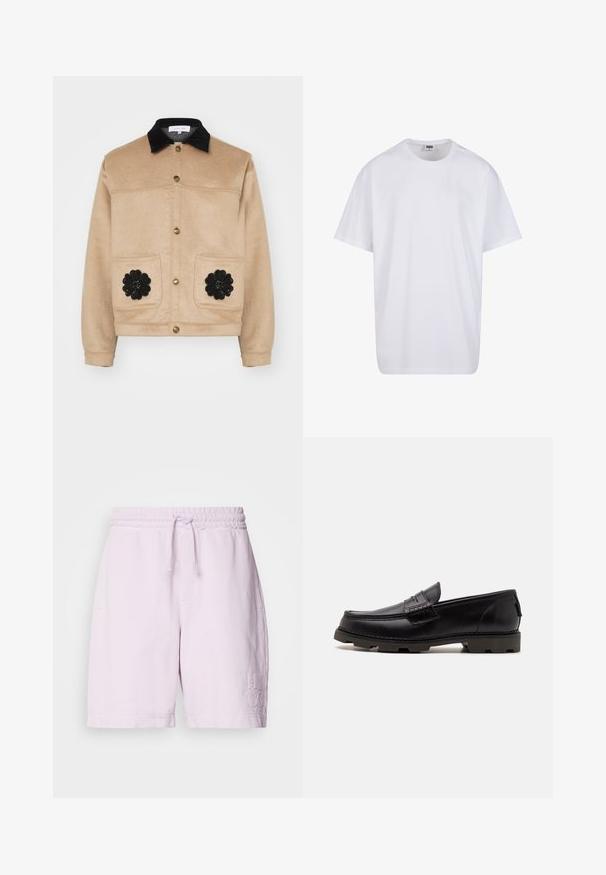 Beige krátká bunda vyrobená z měkké látky, s černým semišovým límcem, zlatými patentkami a dvěma předními kapsami s černými květinovými aplikacemi.; Bílé triko z bavlny s krátkým rukávem, kulatým výstřihem, volným střihem a bez viditelných log či vzorů. Hladká textura a minimalistický design.; Růžové bavlněné šortky s elastickým pasem a šňůrkou na stažení, mají přední kapsy a vyšitý znak "HUGO" na levé nohavici.; Černé kožené mokasíny s kulatou špičkou, dekorativním prošíváním a texturovanou podrážkou pro lepší přilnavost. Mírně zvýšený podpatek.