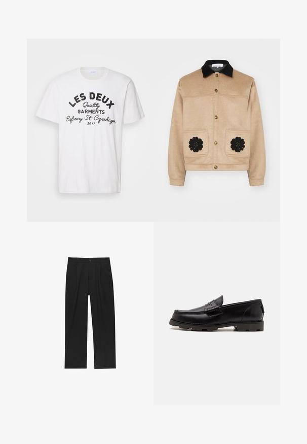 Beige krátká bunda vyrobená z měkké látky, s černým semišovým límcem, zlatými patentkami a dvěma předními kapsami s černými květinovými aplikacemi.; Les Deux BARRY - Triko s potiskem - light ivory; Černé kalhoty s rovnými nohavicemi, vyrobené z hladké tkaniny. Mají přední záhyby a jedno knoflíkové zapínání v pase.; Černé kožené mokasíny s kulatou špičkou, dekorativním prošíváním a texturovanou podrážkou pro lepší přilnavost. Mírně zvýšený podpatek.