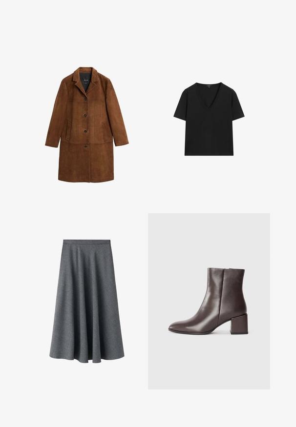 Cappotto in suede marrone con colletto a rever, chiusura a bottoni e due tasche laterali. La texture è liscia con una finitura opaca.; Maglietta nera a maniche corte con scollo a V, dal design semplice e aderente, su sfondo bianco.; Gonna midi A-line grigia realizzata in un tessuto misto lana texturizzato. Presenta una vita alta e una silhouette ampia e fluttuante.; Stivale alla caviglia in pelle marrone con un design elegante, punta affusolata e tacco quadrato. Texture liscia e silhouette minimalista.