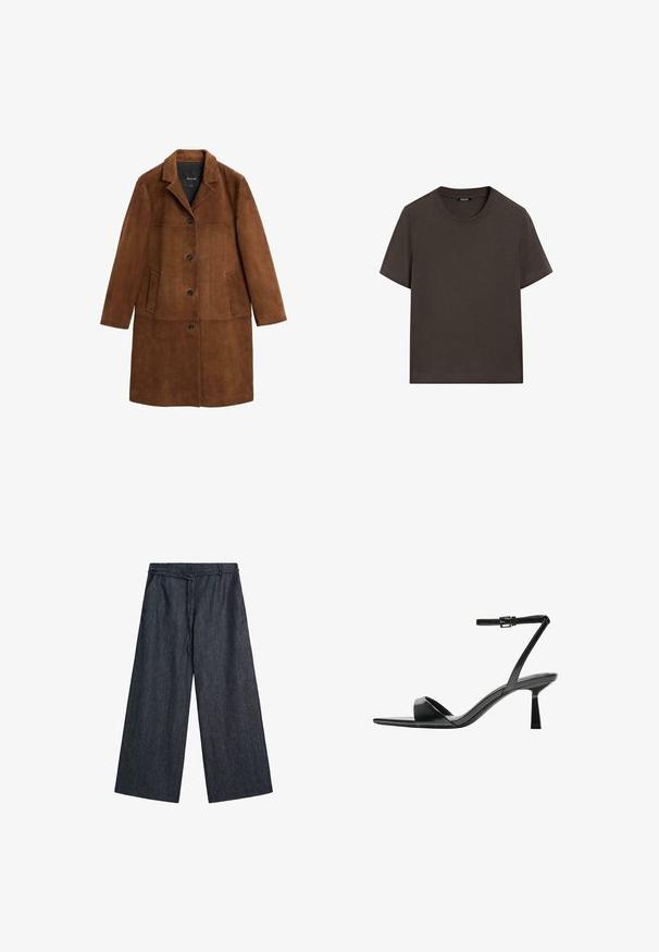 Bruine suède jas met een reverskraag, knopen aan de voorkant en twee zijzakken. De textuur is glad met een matte afwerking.; Donkerbruin T-shirt met korte mouwen, gemaakt van katoen. Heeft een ronde halslijn en een ontspannen pasvorm, zonder zichtbare patronen of accenten.; Wijdvallende donkere denim broek met riemlussen en zijzakken, met een ontspannen pasvorm en een strikceintuur in de taille.; Bershka Sandalen met hoge hak - black