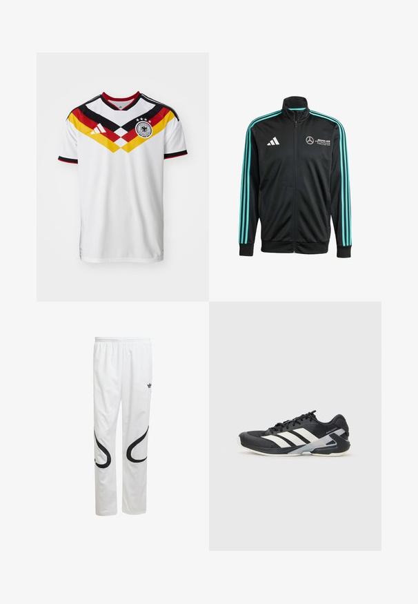Černá zipová bunda vyrobená z hladkého materiálu, s světle modrými pruhy na ramenou a rukávech, s logy na hrudi a rukávu.; Bílý fotbalový dres s černými a červenými akcenty, s diagonálním designem v žluté a červené barvě, třemi hvězdičkami a logem Adidas.; Bílé sportovní kalhoty s hladkým povrchem, zdobené černými křivými vzory na bocích a černým logem blízko pasu.; Černá sportovní obuv s bílými pruhy, síťovaným svrškem, zaoblenou špičkou a polstrovanou podrážkou. Obsahuje texturovanou patu a bezpečný systém šněrování.
