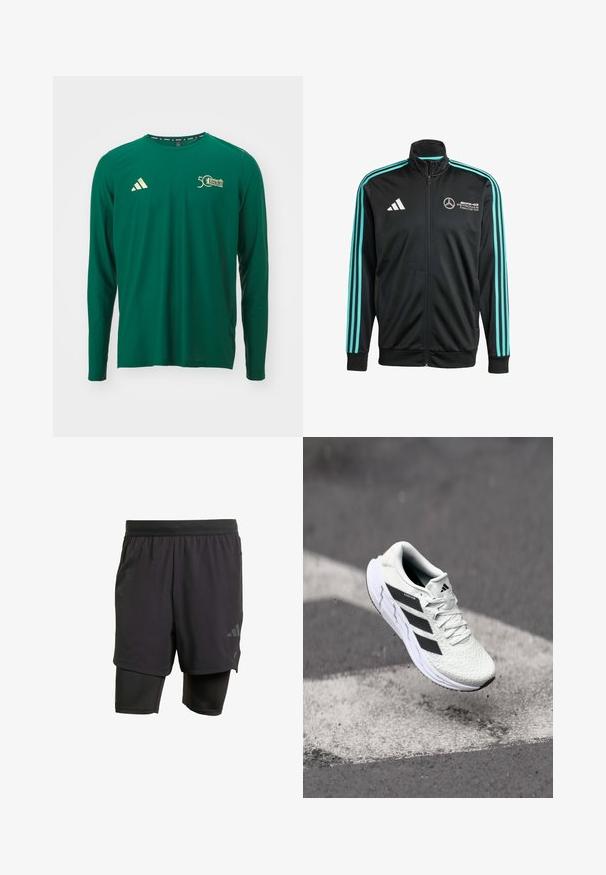 Giacca nera con zip realizzata in tessuto liscio, con strisce blu chiaro sulle spalle e sulle maniche, dotata di loghi sul petto e sulla manica.; adidas Performance BER - Maglietta a manica lunga - collegiate green; Pantaloni sportivi neri con strato interno integrato, realizzati in tessuto traspirante. Presentano un logo discreto e una texture strutturata. Vita regolabile.; Scarpa sportiva bianca con tomaia in rete testurizzata, strisce nere, chiusura con lacci e suola ammortizzata, che levita sopra una superficie stradale segnata.