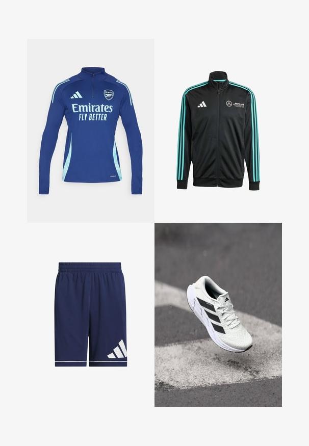 Svart zip-up jacka i slät tyg med ljusblå ränder på axlar och ärmar, med logotyper på bröstet och ärmen.; adidas Performance ARSENAL FC 24/25 TIRO24 - Klubbkläder - night sky; Marina atletiska shorts tillverkade av lätt tyg, med resårmidja, vita accentränder och en kontrasterande vit logotyp på vänster sida.; Vitt sportskor med strukturerad mesh-överkant, svarta ränder, snörning och en dämpad sula, svävande över en markerad väg.